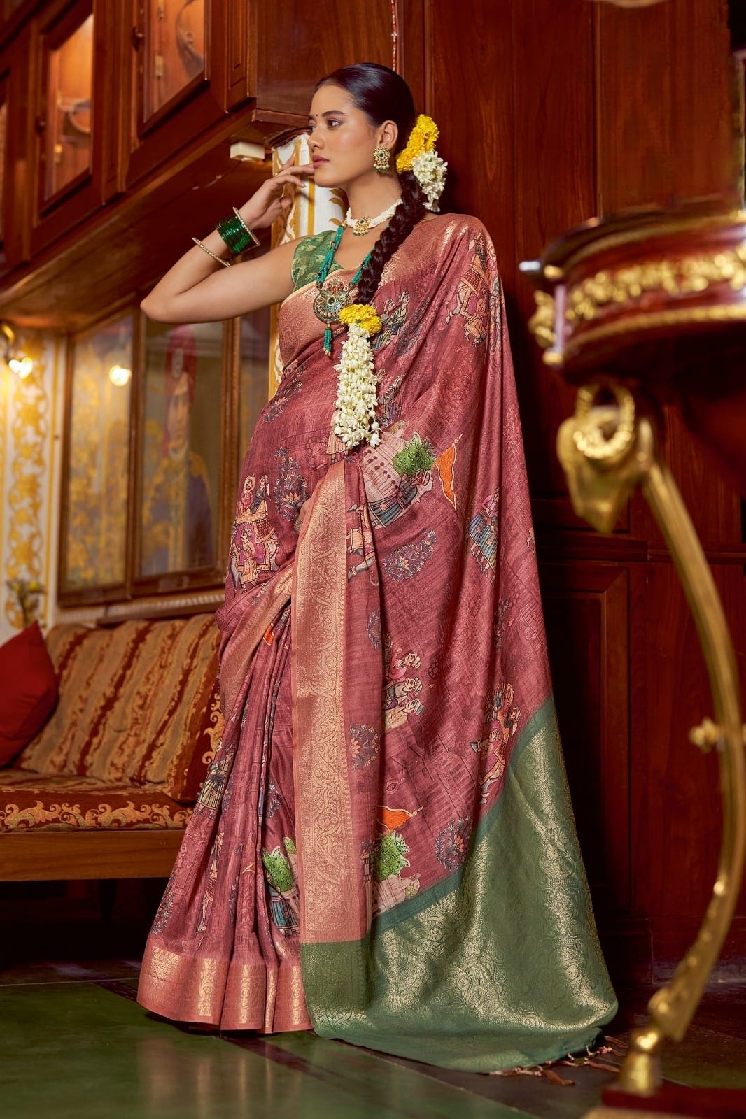 Regal Rosewood Digital Print Saree with Green Banarasi Border & Pallu