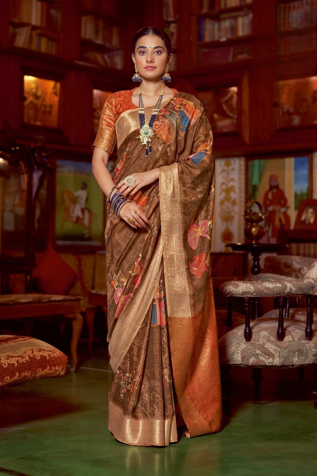 Vintage Cocoa Banarasi Digital Print Saree with Golden Zari Border