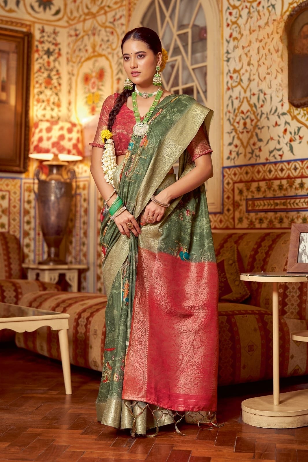 Royal Olive Green Banarasi Digital Print Saree with Crimson Pallu