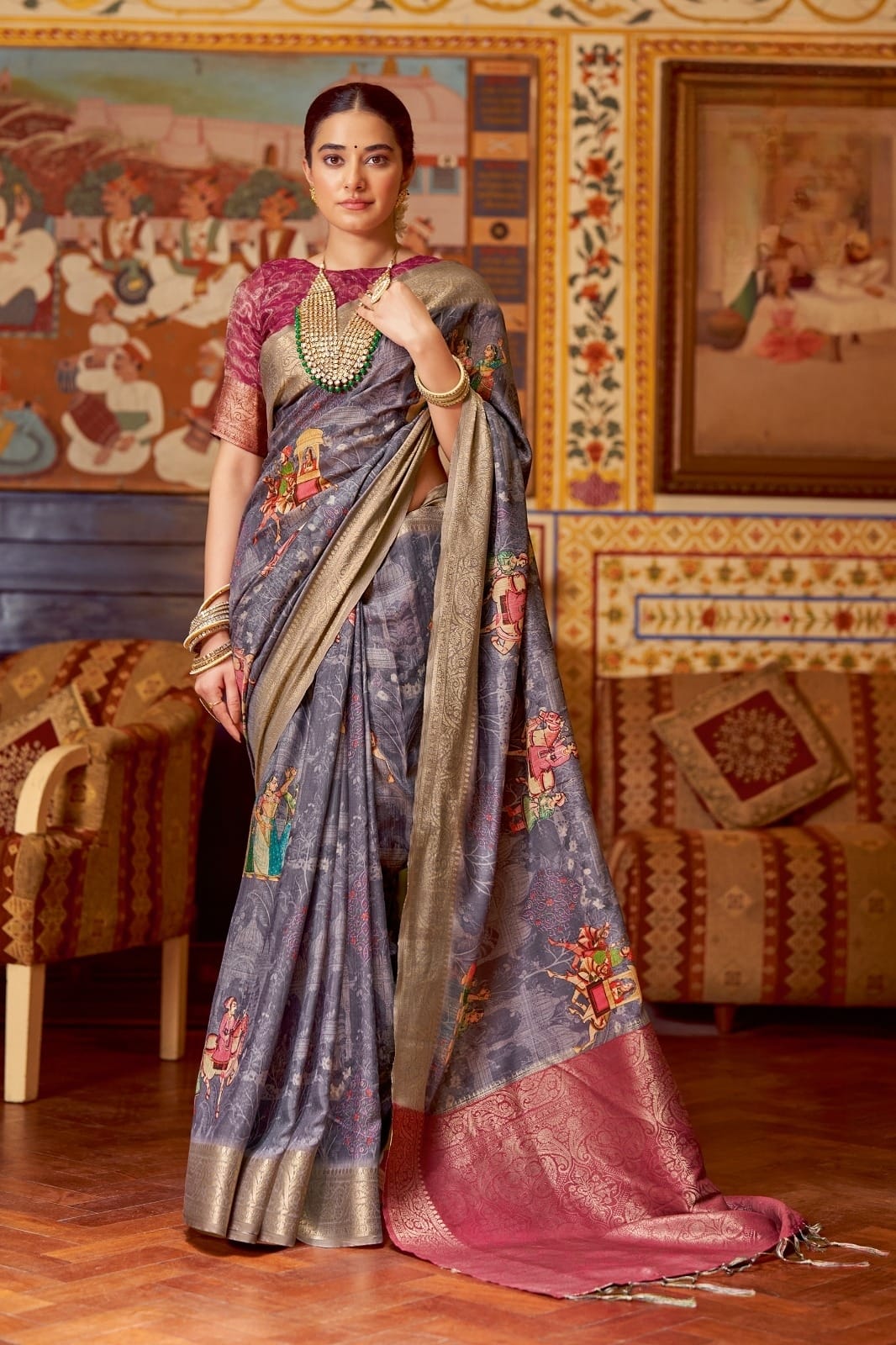 Smoky Grey Banarasi Digital Print Saree with Maroon Border