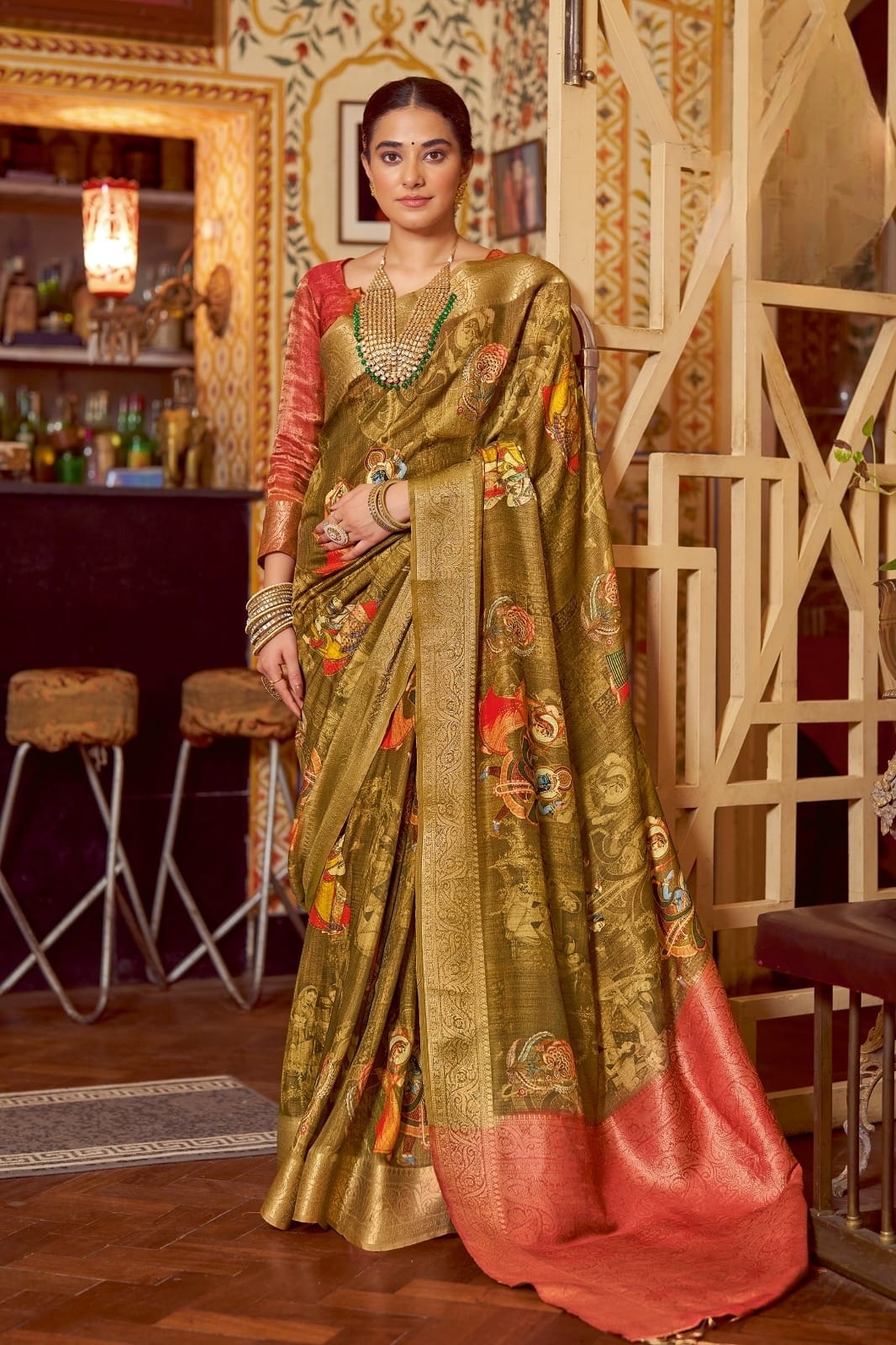 Golden Harvest Banarasi Saree with Rust Red Border & Intricate Digital Art