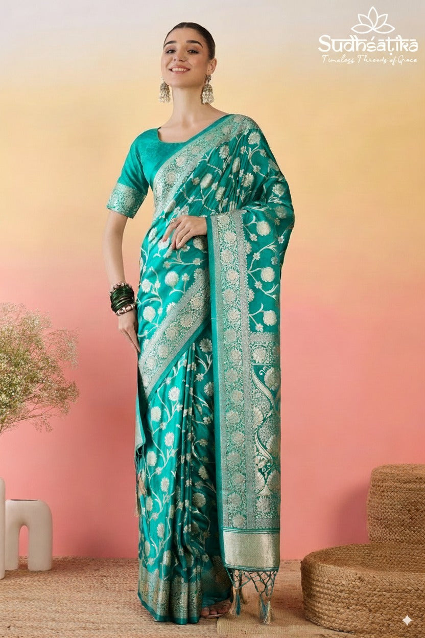 Teal Blue Banarasi Silk Saree with Gold Zari Floral Weaves